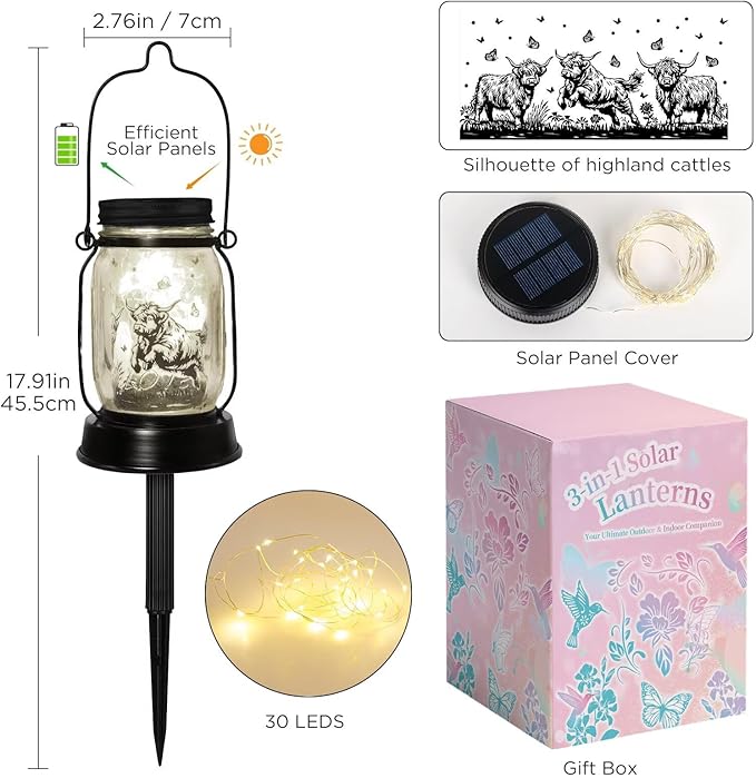 Highland Cow Gifts for Women/Men Highland Cattle Lovers Solar Lantern Mom Birthday, Mothers Day, Christmas Gifts, Solar Cow Garden Decoration Outside for Yard, Patio,Backyard,Porch, Torches - Bloomnest