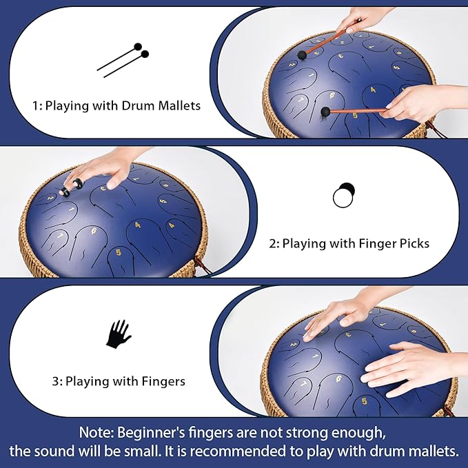 Steel Tongue Drum - 14 Inch 15 Note Tongue Drum - Hand Pan Drum with Music Book, Handpan Musical Instrument Mallets and Carry Bag, C Major, Deep Blue - Bloomnest