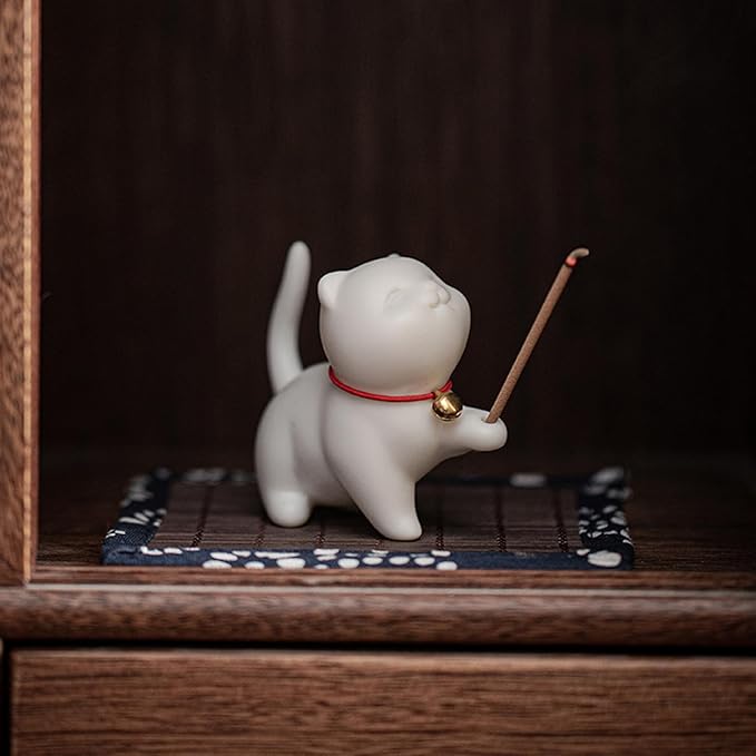 Cat Incense Holder, 2.4inch Ceramic Lucky Cat Incense Stick Holder with Bamboo Mat, Cute Cat Incense Burner, esk Ornament for Home Decorations - Bloomnest