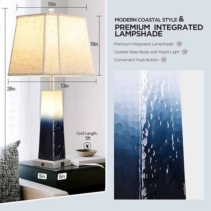 Coastal Blue Glass Table Lamp with Night Light & USB C+A Ports - 28" Extra Large Bedroom Lamp with Integrated Fabric Lampshade for Living Room Nightstand, Bulb Included, 1Pack - Bloomnest