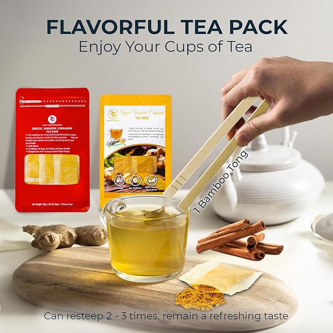 Ginger Cinnamon Turmeric Tea Bags with Bamboo Tong - 55 Count (+5 Count), 5.47 oz, Re-Steep Corn Based Tea Bags, No Sugar Added, Natural Herbal Tea for Body Warm, Relax, Refreshing - Bloomnest