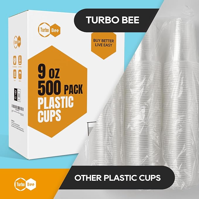 Turbo Bee 500 Pack 9oz Disposable Plastic Cups,Heat-Resistant & Food Safe Drinking Cups for Hot/Cold Beverages, Perfect for Schools, Offices, Events & Commercial Use - Bloomnest