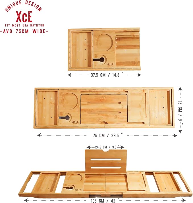 XcE Foldable Bamboo Bathtub Caddy Tray - Expandable to 41 Inches with Non-Slip Pads & Book Stand for Couples Luxury Bath - Bloomnest