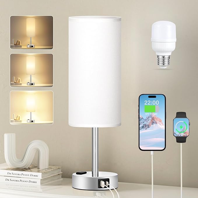 Fenmzee White Touch Bedroom Table Lamp - 3 Way Dimmable Bedside Lamp USB C A Charging Ports and AC Outlet, Small Lamp Nightstand with Silver Base for Living Room, Office Desk, LED Bulb Included - Bloomnest