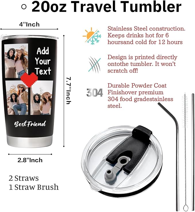 Personalized Tumbler with Pictures Text, Custom Photo Stainless Steel Coffee Tumbler, Coffee Travel Mug Cup 20 Oz Custom Gifts for Fathers Day Christmas Birthday for Dad Mom Kids - Bloomnest