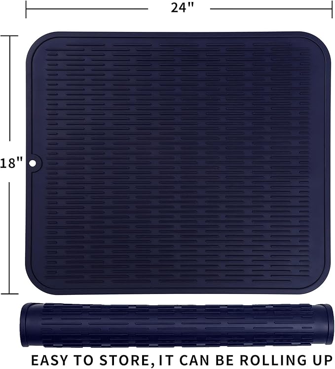 Silicone Dish Drying Mat for Multiple Usage,Easy clean,Eco-friendly,Heat-resistant Silicone Mat for Kitchen Counter or Sink,Refrigerator or Drawer Liner Navy Blue 2XL 24 inches x 18 inches - Bloomnest