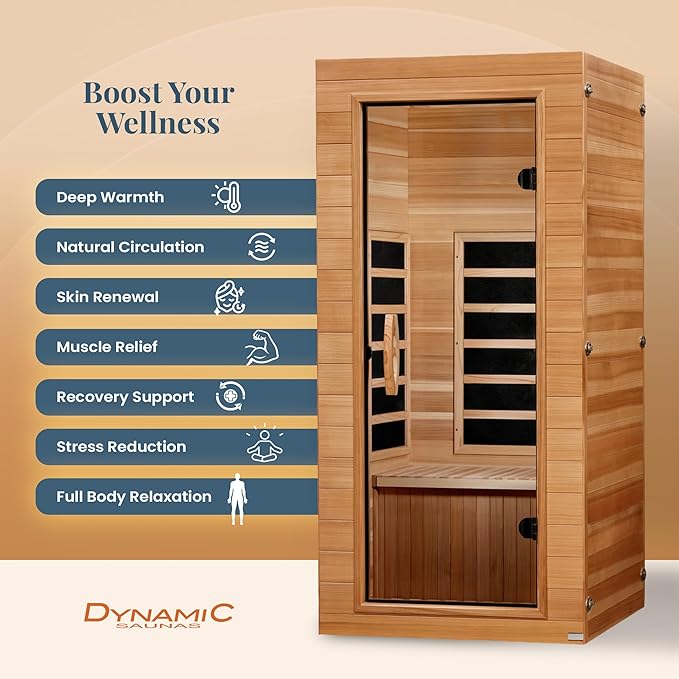 DYNAMIC SAUNAS Elite 1 Person Compact Ultra Low EMF FAR Infrared Sauna with Red Light Therapy & Bluetooth Speakers - Personal Indoor for Home & Gym DynamicSaunas