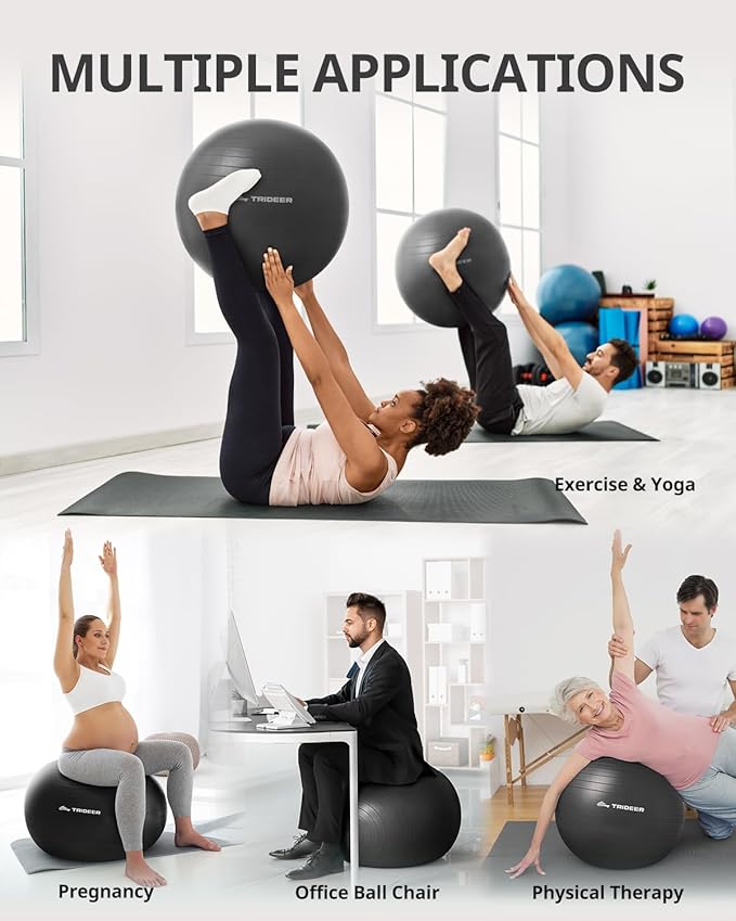Trideer Exercise Ball for Yoga, Pilates & Fitness – Stability Ball Equipment for Home Gym & Office Chair, Core & Balance Training Accessories, Physical Therapy Equipment, Quick Pump Included, 5 Sizes - Bloomnest