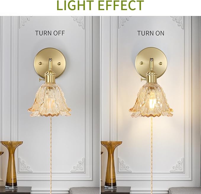 Vintage Plug in Wall Sconces Set of 2, Cabbage Amber Lampshade & 180 Degree Adjustable, Brass Wall Lights, for Bedroom Living Room Hallway Aisle, Bulbs Not Included, ETL Listed - Bloomnest