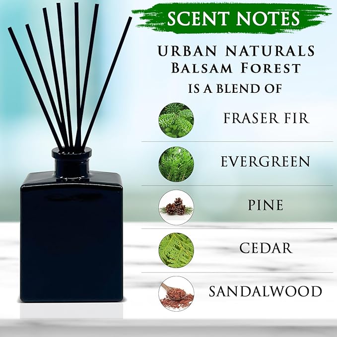 Urban Naturals Balsam Forest Reed Diffuser Oil Set – Fraser Fir, Evergreen, Pine, Woodsy Cedar and Sandalwood – 5 Ounce Sleek Black Rectangular Refillable Glass Bottle – Made in the USA UrbanNaturals