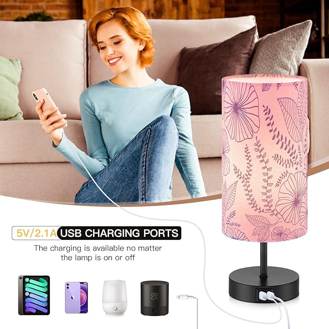 Touch Control Bedside Lamp with 2 USB Ports, 3-Way Dimmable Table lamp for Bedroom, Nightstand Lamp with Round Pink Flower Fabric Shade for Living Room Home Office (E26 LED Bulb Included) - Bloomnest