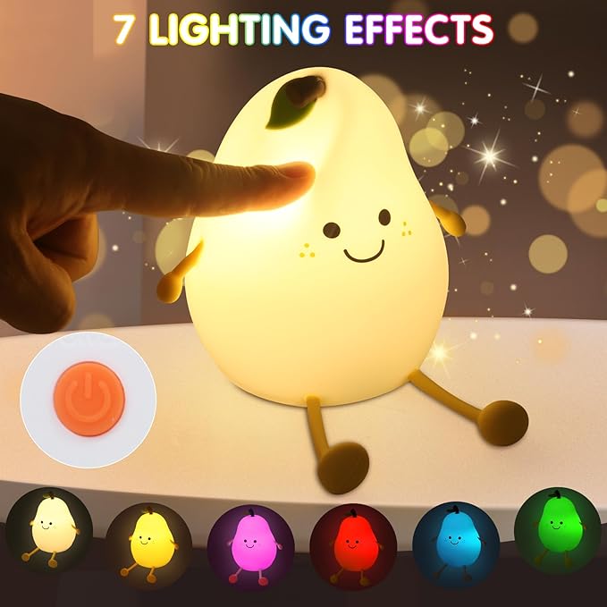 Night Light for Kids, 7 Color Changing BPA-Free Silicone Lamp with Touch Control, Eye Protection, Rechargeable Battery, Soft & Safe Nursery Lamp for Boys & Girls (Pear) - Bloomnest