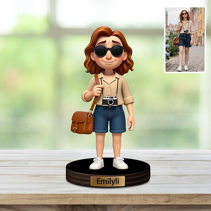 Custom Travel Photo Cartoon Style Desk Decor with Wooden Base, Personalzied Cartoon Photo Picture Portrait Sculpture Frame Acrylic Sign Plaque Gifts for Women Men Family - Bloomnest