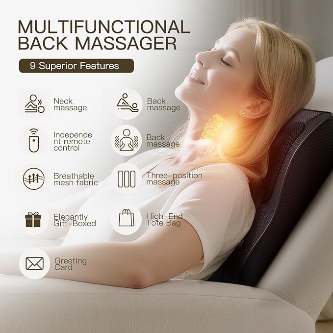Back Massager with Heat, 3D Kneading Massage Pillow for Neck Back Shoulder Leg, Cordless & Portable for Home Office, Use on Couch or Bed, Ideal Muscle Relaxation Gift,holiday gift,christmas gifts - Bloomnest