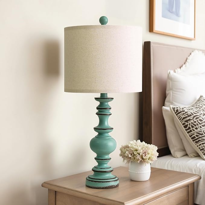 BOBOMOMO 24" Farmhouse Table Lamps Set of 2 – Distressed Teal Lamps with Linen Shades, Cottage Style Bedside Lamps for Bedroom, Living Room, or Entryway, Medium Height Lamps with Coastal Vintage Charm - Bloomnest
