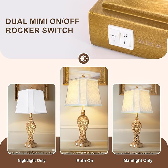 Vintage Table Lamps Set of 2, 28.5'' Tall Antique Gold Bedside Lamps with Fabric Shades, USB A+C Charging Ports & Night Light, Farmhouse Nightstand Lamps for Bedroom Living Room Office (Bulb Included) - Bloomnest