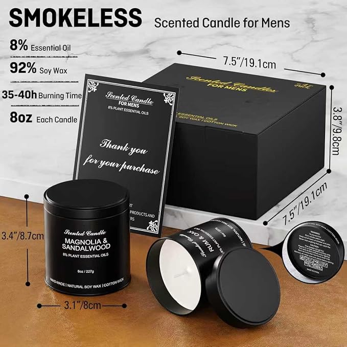 Men's Scented Candle Sets | 4 Pack Aromatherapy Candles Gift in Matte Black Tins for Christmas,Father | Soy Wax Manly Candles of Amber Patchouli,Rum&Oak,Teawood&Mahogany,Magnolia&Sandalwood - Bloomnest