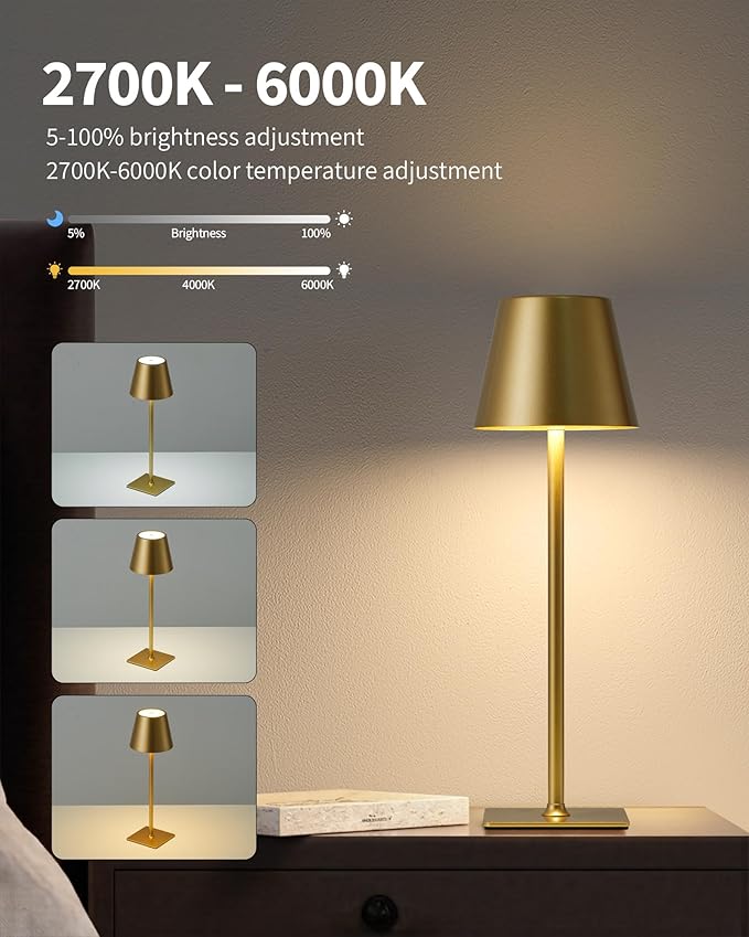 KDG 2 Pack Cordless Table Lamp, Portable LED Desk Lamps, 5000mAh Battery Operated, 3 Color Stepless Dimming Up, for Restaurant, Bedroom, Outdoor Camping, Coffee Shop, Night Light, Rechargeable (Gold) - Bloomnest