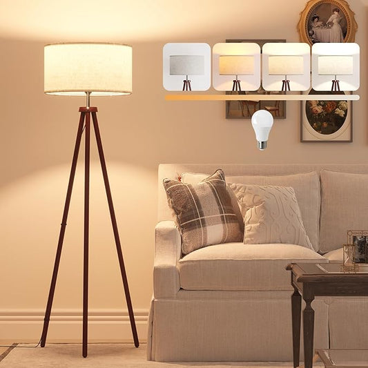LiteHistory Wood Tripod Floor Lamps for Bedroom, Living Room, and Office, Corner lamp with Beige Linen Shade, 12W Three-Color Bulb Included, Pull Chain Switch, Gifts for mom for Home Decor, Walnut - Bloomnest