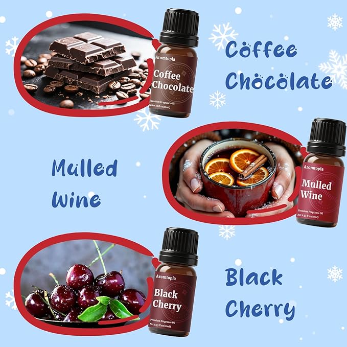 Fragrance Oil Holiday Set, Aromtopia Essential Oils for Candle Soap Making, 6x10ml, Diffuser Oils Scents, Winter Fragrance Oils, Christmas Tree, Coffee Chocolate, Black Cherry, More - Bloomnest