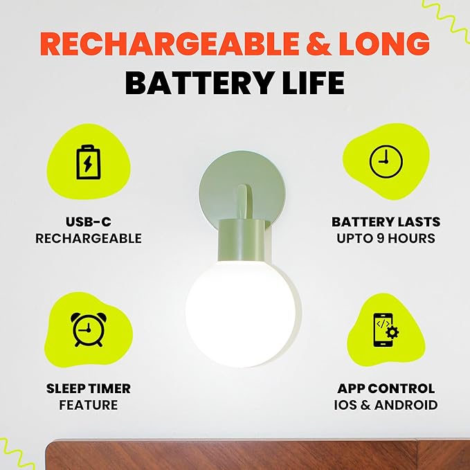 Wireless Wall Sconce (Shark Tank) Rechargeable & Dimmable LED Light w/App Control & Damage-Free Install, Moveable Modern Ambient Lighting for Elegant Home & Bedroom Decor | Sage Green - Bloomnest
