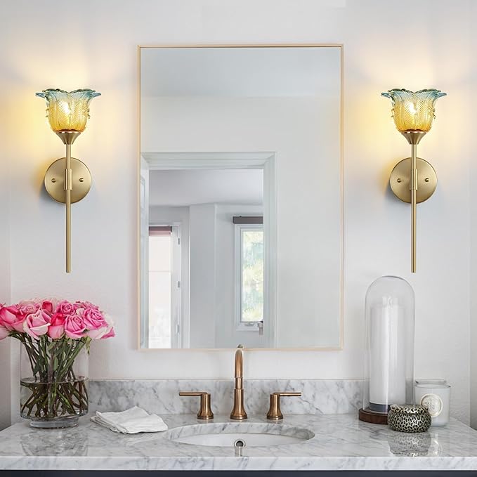 2 Pack Gold Wall Sconce with Modern Flower Glass Shades, Modern Mid Century Bathroom Vanity Wall Light Fixtures, Industrial Brushed Brass Wall Lamp, for Bedroom Mirror Living Room, ETL Listed - Bloomnest