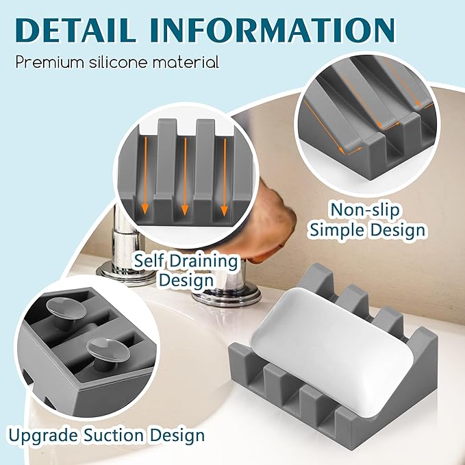Silicone Soap Dish with Drain, Upgrade Double Suction Cups at The Bottom for Anti-Slip and Stability, Soap Dish Shower Waterfall Bar Soap Holder Tray with Drain Soap Holder (3, Grey) - Bloomnest