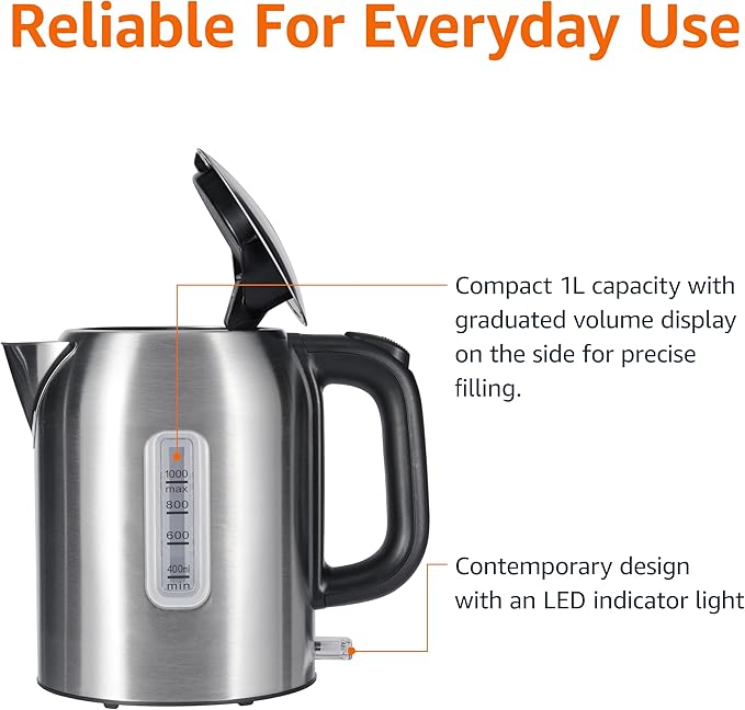 Amazon Basics 1.1Qt (1L) Electric Kettle, Tea Kettle & Water Boiler, with Auto Shut-Off, Boil Dry Protection, High-Safety Strix Thermostat, BPA-Free, 1500W, Stainless Steel, New Model, Black & Silver - Bloomnest