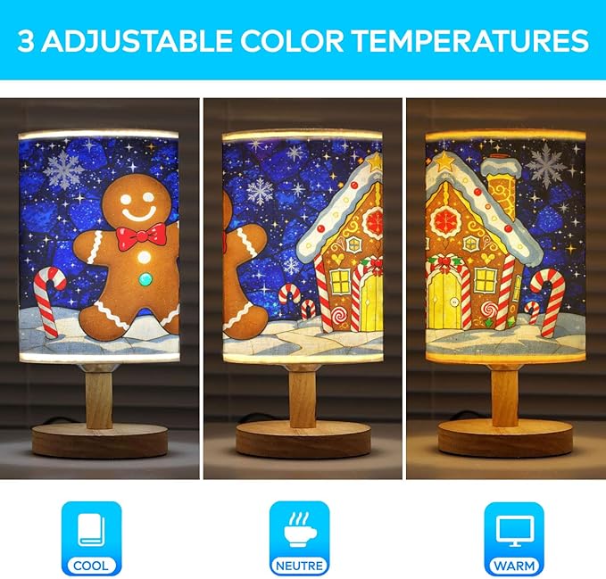 Gingerbread Table Lamp LED 3-Color Pressed Bedside for Merry Christmas, Gingerbread Shade Christmas Table Lamp with Wood Base for Bedroom Living Room Desk Office - Bloomnest
