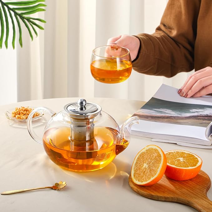 50OZ/1500ML Glass Teapot Set with 4 Teacups & Removable Stainless Steel Infuser, Stovetop & Microwave Safe Clear Tea Maker Water Kettle with 12OZ/360ML Tea Cups for Loose Leaf Blooming Tea - Bloomnest
