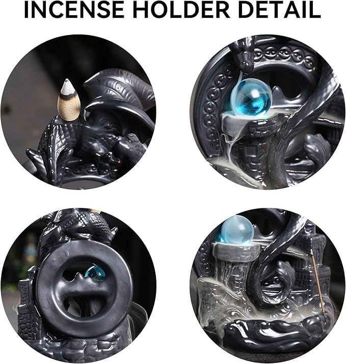 YYW Ceramic Backflow Incense Holder, Waterfall Incense Burner with 20 Backflow Incense Cones + 30 Incense Stick, Dragon Backflow Incense Burner for Aromatherapy Ornament Home Decor (Black) - Bloomnest