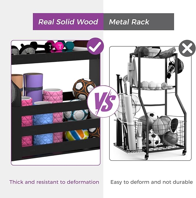 Weight Rack for Dumbbells, Home Gym Organizer Rack Yoga Mat Holder with Wheels and Hooks, All in One Workout Storage for Yoga Mat, Foam Roller, Gym Storage Storage for Home Exercise(Wood) - Bloomnest
