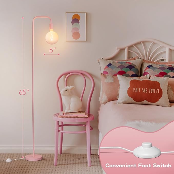 ONEWISH Pink Floor Lamp for Bedroom, Cute Standing Lamp with LED Bulb, Translucent Pink Globe Glass 2700k Warm Lighting. Globe Floor Lamp for Livingroom, Bedroom,Office - Bloomnest