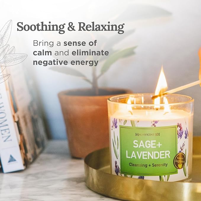 MAGNIFICENT 101 Long Lasting Lavender Sage Scented Smudge Candle - 14 oz - 56 Hour Burn Time - Natural Soy Wax Candle for House Energy Cleansing & Manifestation Magnificent101