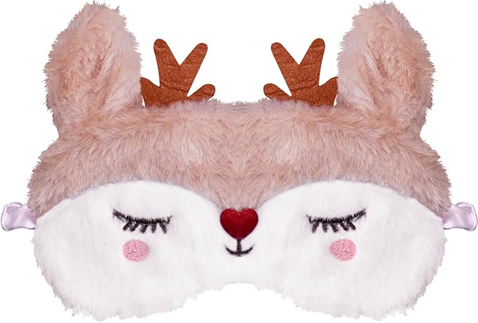 Christmas Reindeer Sleeping Mask Eye Mask Cute Animal Rudolph Sleep Mask Soft Plush Blindfold Funny Eye Cover Eyeshade for Kids Adults Girls Boys Women Men (Reindeer, White) - Bloomnest