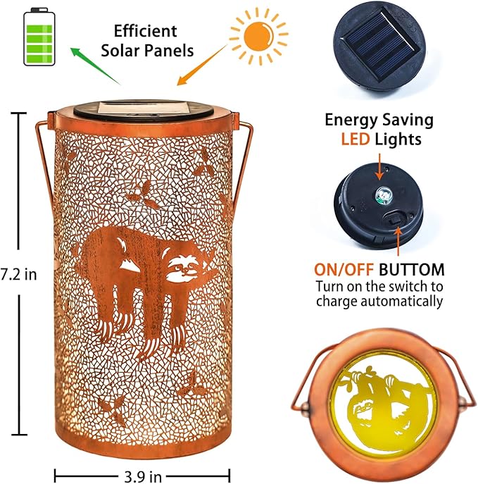 Sloth Solar Lanterns Outdoor Waterproof Hanging Solar Lights Sloth Gifts for Women Men Metal Decorative LED Sloth Lanterns for Garden Decor,Yard,Patio,Lawn,Tabletop,Pathway,Landscape - Bloomnest