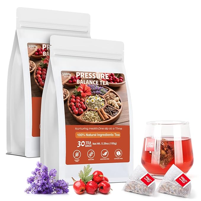 Pressure Balance Herbal Tea, 100% Natural Heart Functional Tea, Traditional Chinese Herbal Teabags for Men & Women, Caffeine-Free, Sugar-Free, 9 Precious Ingredients Formula (2 Pack/60 Bags) - Bloomnest
