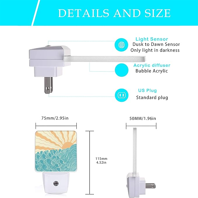 Waves Night Light,Sea Landscape Sun Plug-in Night Lights with Dusk-to-Dawn Sensor for Women/Girls/Boys Gift Sleep Friendly lamp for Bedroom, Bathroom and Living Room,0.5W - Bloomnest