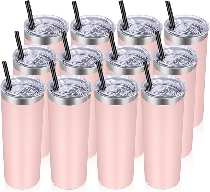 VEGOND Stainless Steel Tumblers Bulk 12 Pack, 20 oz Vacuum Insulated Skinny Tumblers with Lid and Straw, Double Wall Coffee Mug, Travel Water Cup, Light Pink - Bloomnest