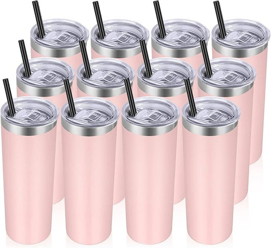 VEGOND Stainless Steel Tumblers Bulk 12 Pack, 20 oz Vacuum Insulated Skinny Tumblers with Lid and Straw, Double Wall Coffee Mug, Travel Water Cup, Light Pink - Bloomnest