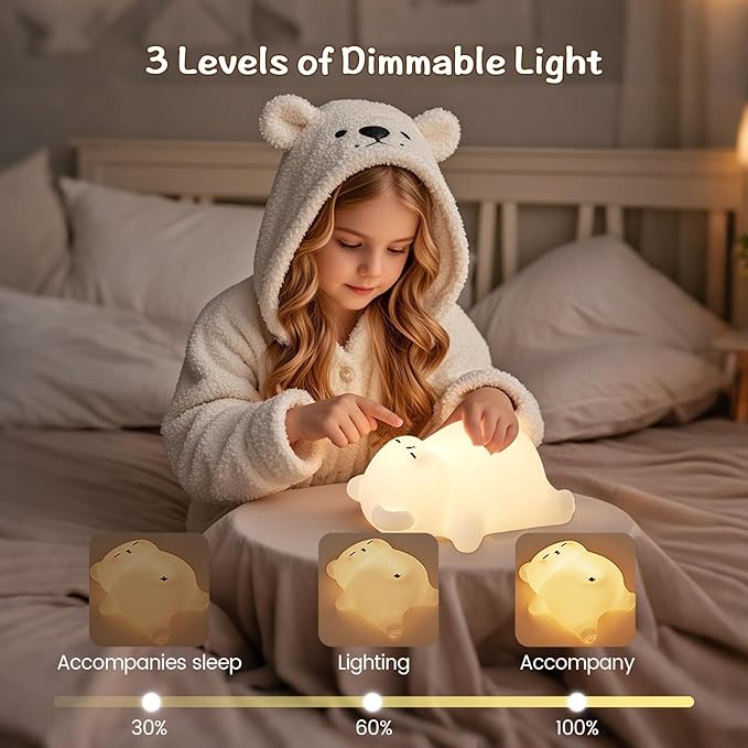 Sleepy Snoring Bear Night Light,Novelty Nursery Nightlight for Kids, Dimmable/Timer/Rechargeable USB-C, Food-Grade Silicone LED Squishy Animal Bedside Lamp,Funny Gifts for Boys Girls Baby,Room Decor - Bloomnest