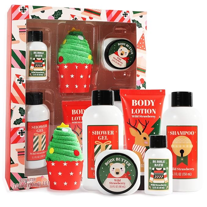 Christmas Bath and Body Gift Set for Women - Holiday Stocking Stuffers With Body Butter, Shower Gel, Lotion, Shampoo, Bubble Bath, Mini Towel - Birthday Gifts - Bloomnest