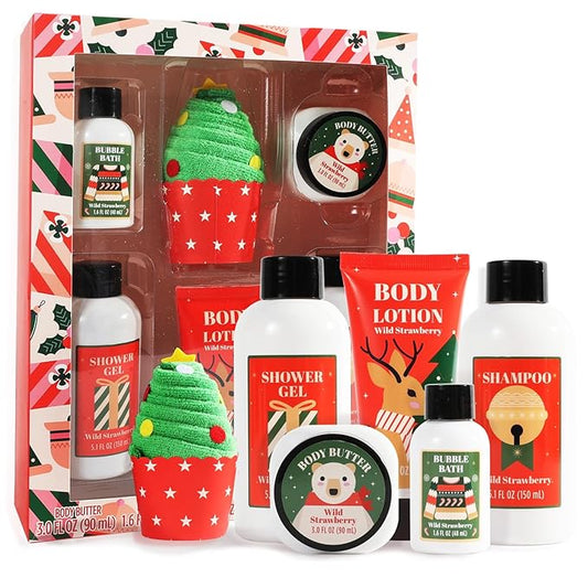 Christmas Bath and Body Gift Set for Women - Holiday Stocking Stuffers With Body Butter, Shower Gel, Lotion, Shampoo, Bubble Bath, Mini Towel - Birthday Gifts - Bloomnest