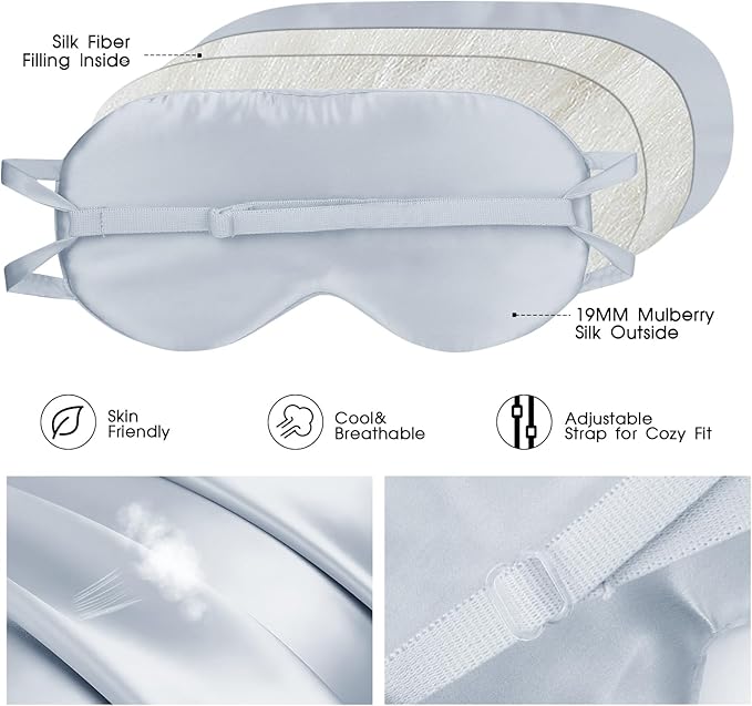 Silk Eye Mask for Sleep with Adjustable Strap for Women/Men/Adults Large 100% Mulberry Silk Sleeping Mask for Travel/Plane/Side Sleeper,Light Blue - Bloomnest