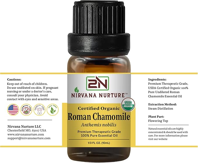 Roman Chamomile Essential Oil, USDA Certified Organic, 100% Pure Undiluted, Aromatherapy Oil for Diffuser, Hair & Skin Care NirvanaNurture