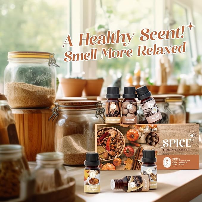 Autumn Spice Essential Oils Set, Fragrance Oil Gift Set for Oil Diffusers, Scented Oils for Soap Candle Making 6x10ml - Cinnamon, Nutmeg, Vanilla, Gingerbread, Pumpkin Pie Spice, and Cloves - Bloomnest