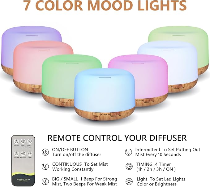 Oil Diffuser, 500ml Essential Oil Diffusers with 2 Mist Mode 4 Timers＆7 Ambient Light Waterless Auto Off, Diffusers Large Room Home Office
