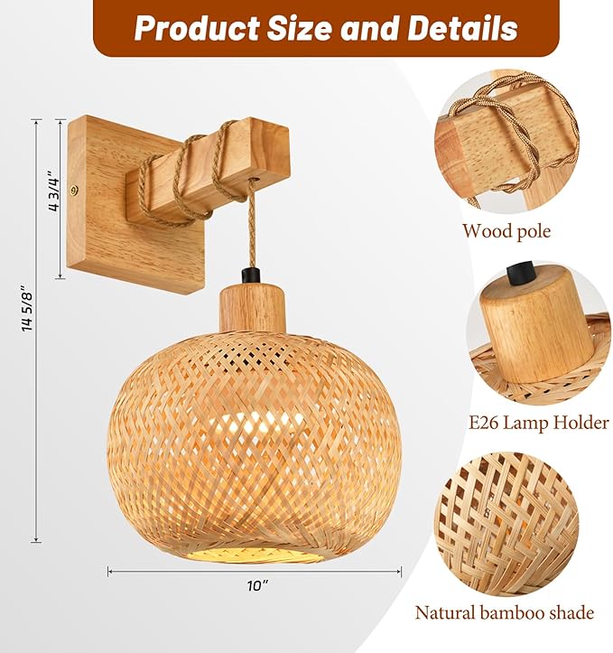 Battery Operated Wall Sconce Set of Two, Rechargeable Bamboo Wall Sconces with Remote RGB 15 Colors Dimmable, Farmhouse Boho Wall Lights for Bedroom Living Room Entryway - Bloomnest
