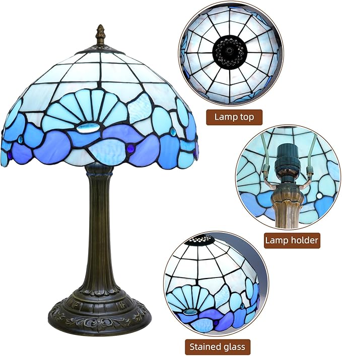 Blue Sea Style Stained Glass Table Lamps Shell Tiffany Lamp Bedroom Bedside Living Room Aesthetic Vintage Accent Farmhouse Night Light for End Table Office Nightstand End Table Desk Reding 12X19 Inch - Bloomnest