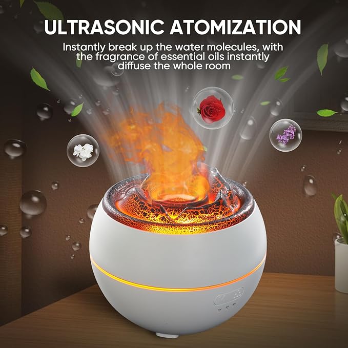 Essential Oil Diffuser, Volcano Flame Fire Oil Diffuser, 360ml Ultrasonic Cool Mist Aromatherapy Humidifier, Scent Diffuser with 7 Colors Light, Timer & Auto Shut-Off for Home, Room (White) - Bloomnest